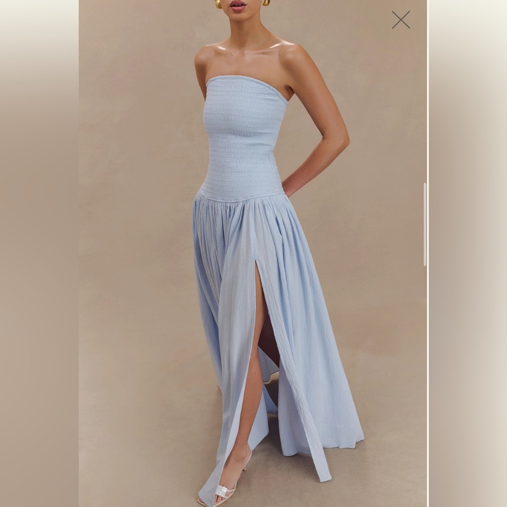 NWT Meshki ‘Maureen’ powder blue cotton shirring strapless maxi dress - Picture 4 of 16